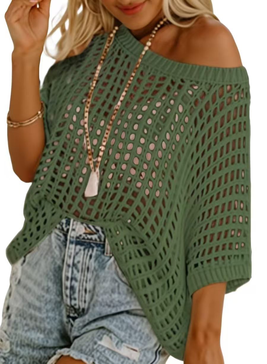 Short Sleeve Crochet Sweater Lightweight Summer Tops Loose Hollow Out Crewneck Pullover