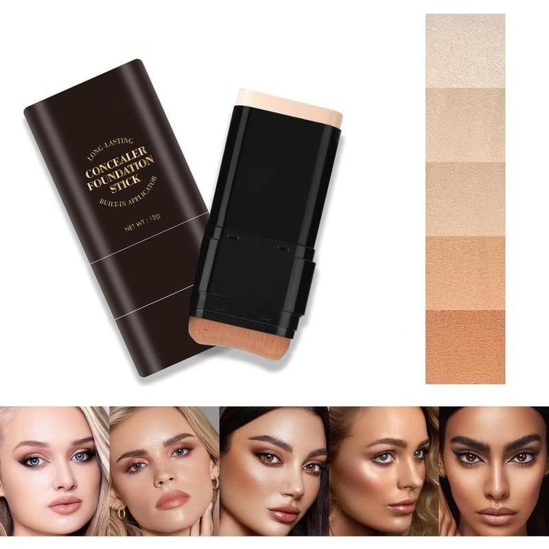 Concealer stick foundation, double-ended with built-in brush, moisturizing and lightweight