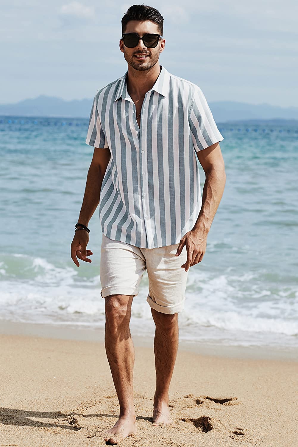 Spring summer men's polyester striped button shirt