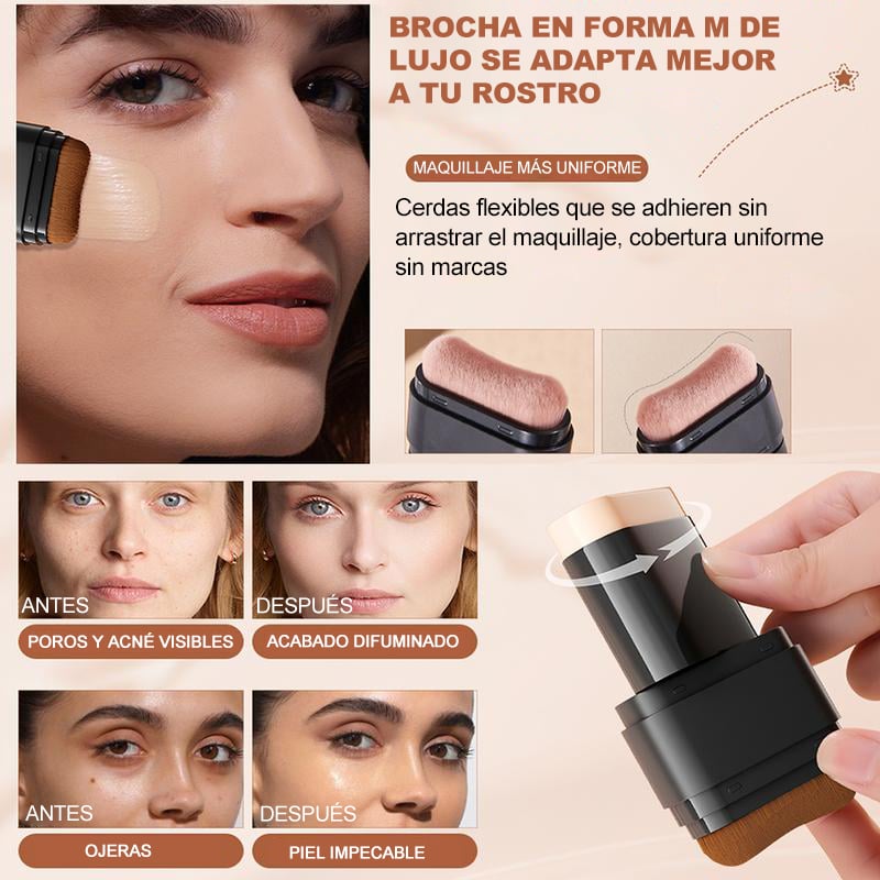Concealer stick foundation, double-ended with built-in brush, moisturizing and lightweight