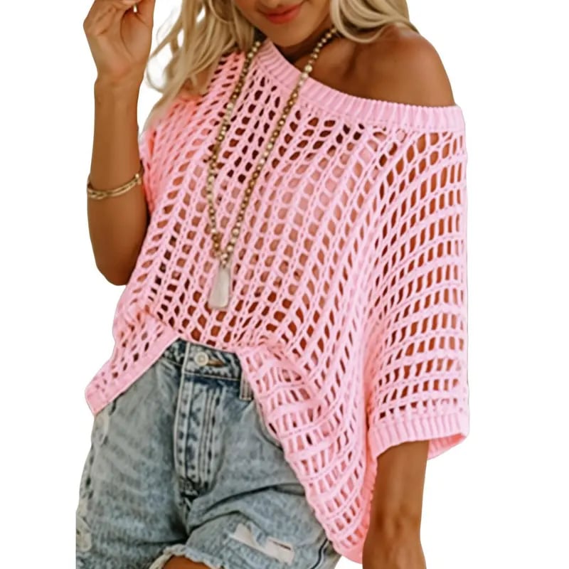 Short Sleeve Crochet Sweater Lightweight Summer Tops Loose Hollow Out Crewneck Pullover