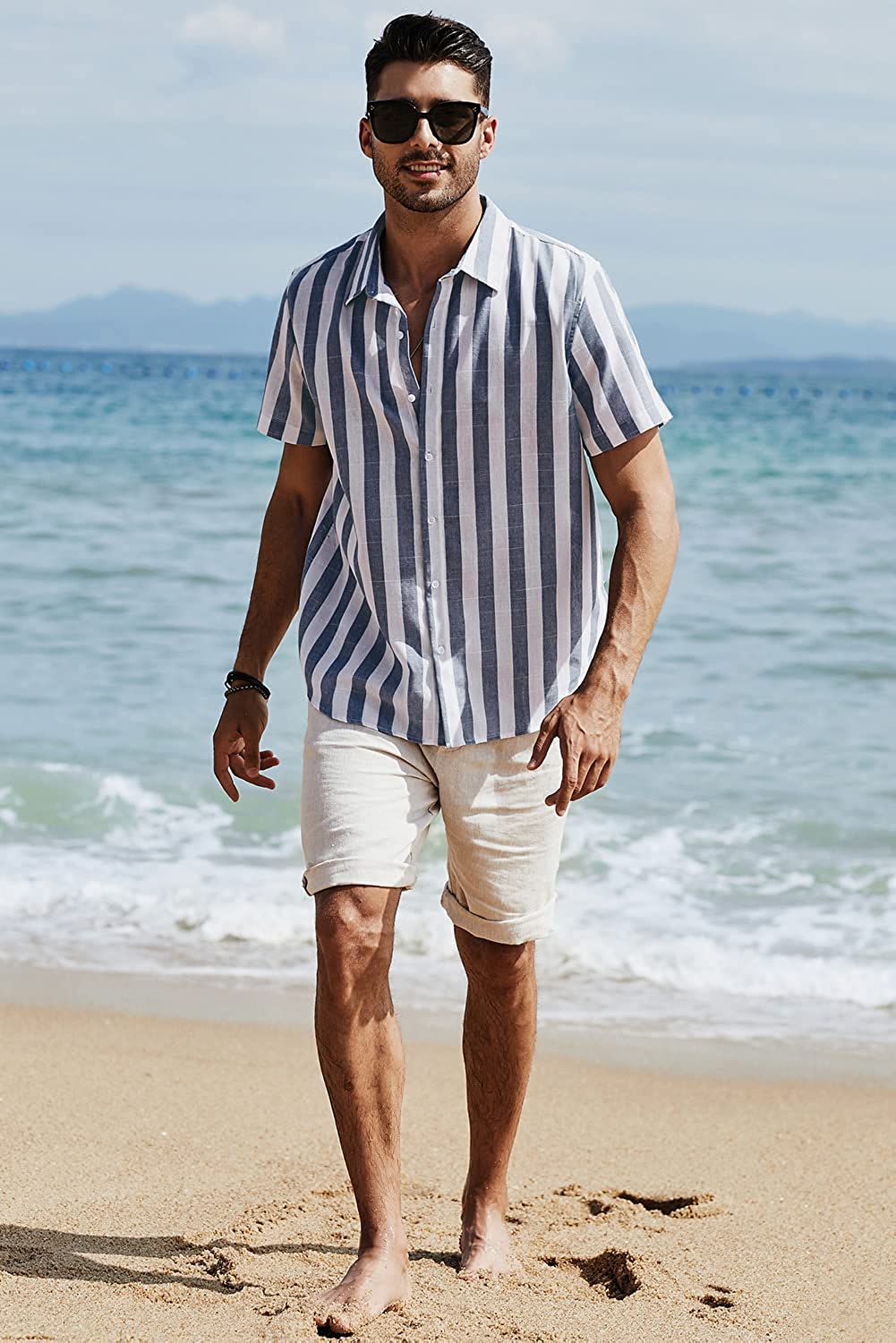 Spring summer men's polyester striped button shirt