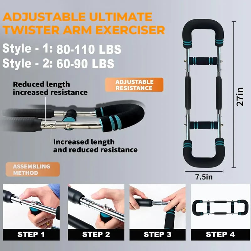 Adjustable weight bar for arm trainers, arm and torso strength training equipment, portable training device for home gyms and fitness